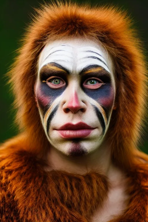 Prompt: a professional portrait photo of a neanderthal woman forest, face paint, ginger hair and fur, extremely high fidelity, natural lighting, national geographic magazine cover.