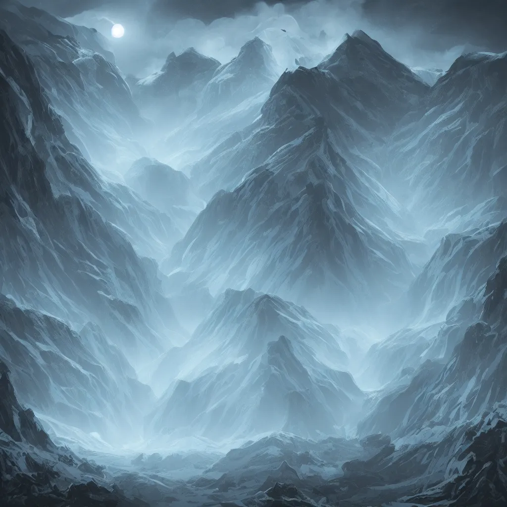 Prompt: valley of the glacial whispers, minimal digital art with border graphics. no text, no watermarks, music album art.