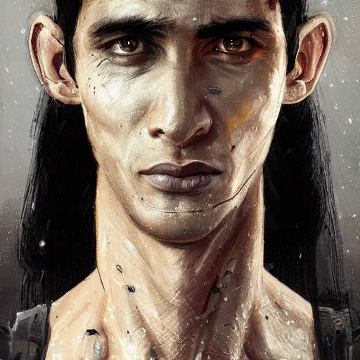 Image similar to Portrait of a cyborg man by Greg Rutkowski, he is about 30 years old, indian, cybernetic eyes implants, messy long black hair, slim and tall, he is wearing utilitarian beige black jumpsuit, highly detailed portrait, digital painting, artstation, concept art, smooth, sharp foccus ilustration, Artstation HQ.