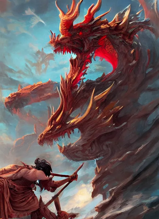 Image similar to symmetrical giant dragon head, cinematic romantic magical, greek myth, masterpiece, side profile, crazed, deep dark armor, luminescent, greek myth, wisdom, bloody red colors, by greg manchess, huang guangjian, gil elvgren, sachin teng, greg rutkowski, jesper ejsing, ilya kuvshinov