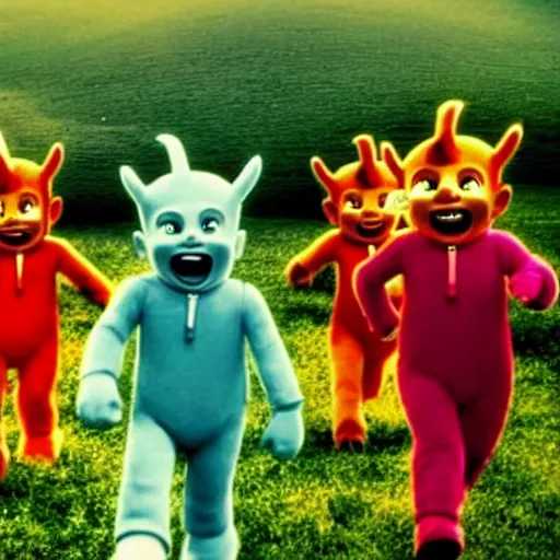 Prompt: movie still of Teletubbies as a horror movie