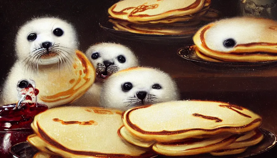 Image similar to highly detailed painting of cute furry white baby seals in a pile of jam pancakes on a table by william turner, by greg rutkowski, by william constable, thick brush strokes and visible paint layers, 4 k resolution