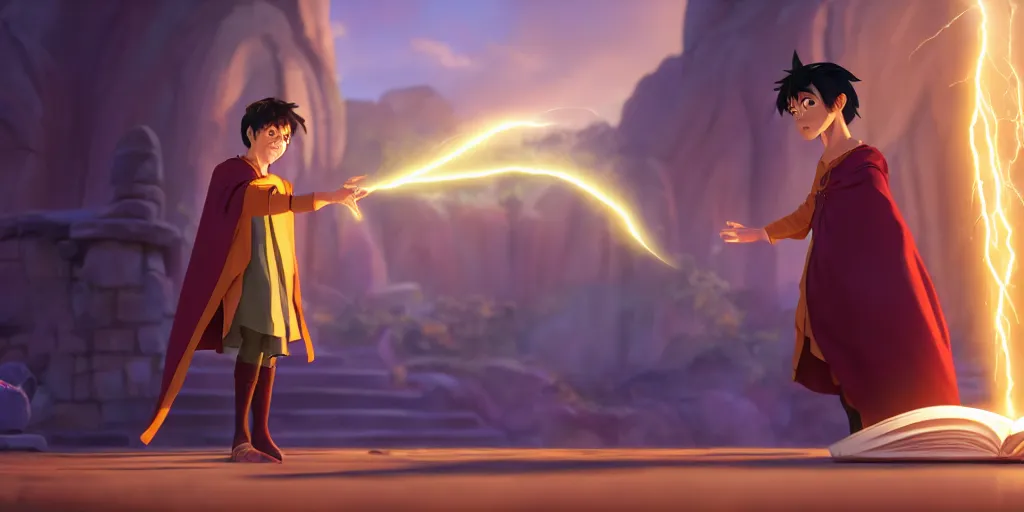 Image similar to a young boy mage with a brown cloak is standing at his desk working on a new spell, colorful, flowing energy, light rays, anime boy, boy, medium shot, waist up, pixar and disney animation, sharp, rendered in unreal engine 5, by greg rutkowski and makoto shinkai, bloom, dramatic lighting, cinematic