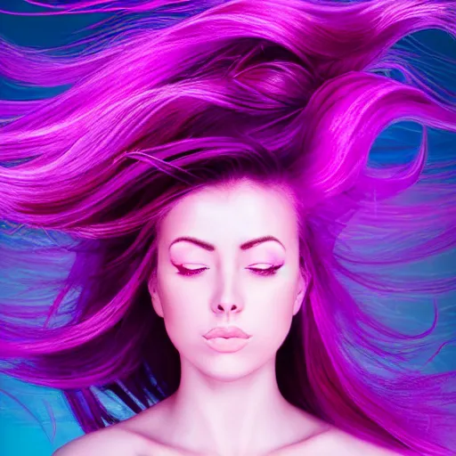 Image similar to a award winning action upper body portrait of a beautiful woman with a ombre purple pink hairstyle with head in motion and hair flying, outrun, vaporware, vivid colors, highly detailed, fine detail, intricate