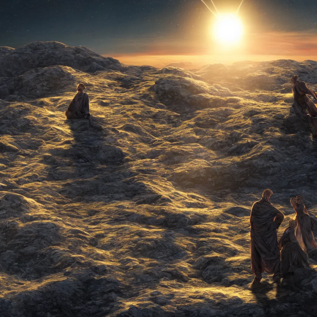 Image similar to eclipse at sunrise on a mountaintop, distant glowing figures, crystalline masterpiece diamond incrustations, art by john collier, albert aublet, artem demura, alphonse mucha, sharper luminescent focus, nd 6, hdr, movie still, fully photorealistic, cinematic diffuse lighting, artstation, textless, sharp focus