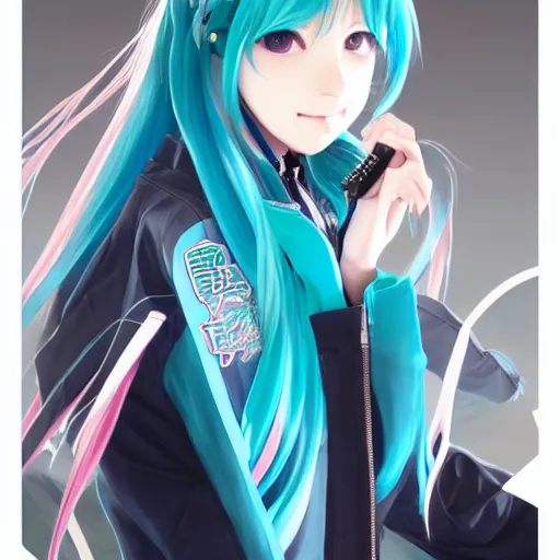 Prompt: hatsune miku, wearing blue track jacket, cool color palette, digital art by aramaki shinji, by artgerm, by cushart krenz, by wlop, colorful, insanely detailed and intricate, hypermaximalist, elegant, ornate, dynamic pose, hyper realistic, super detailed