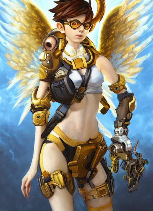 Prompt: full body oil painting of tracer overwatch in the style of sophie anderson, angel wings, angelic golden armor, dramatic painting, symmetrical composition, ornate, high detail, gold detailed collar, blooming, lights, flowers,