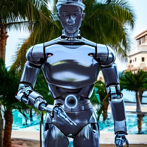 Image similar to made of ice, a realistic detailed photo of a guy who is an attractive humanoid who is half robot and half humanoid, who is a male android, on display, blank stare, showing off his muscles, shiny skin, posing like a statue, by the pool, frozen ice statue, twitch streamer / gamer ludwig, humanoid robot