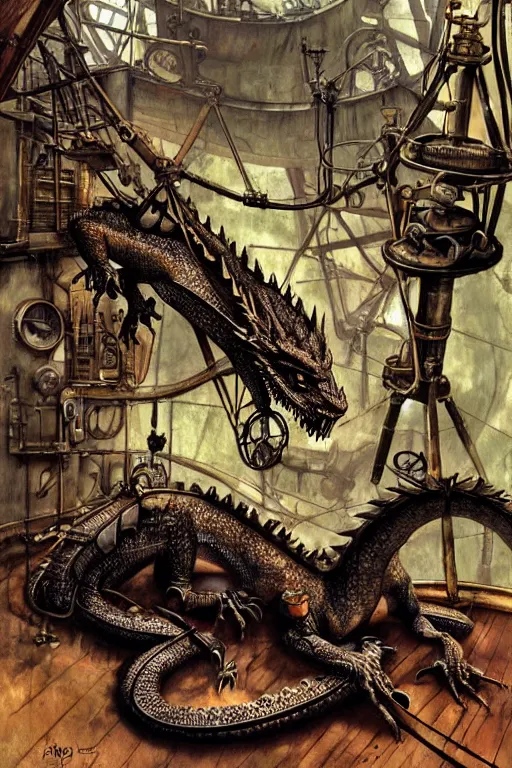 Image similar to hyper realistic old dying dragon lying down on a steam punk apparatus, art by jon foster