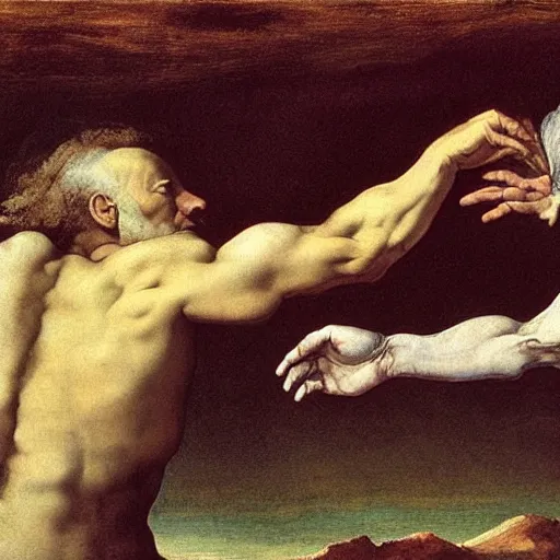 Image similar to the creation of the human race from the cosmos, detailed oil painting by goya and michelangelo and alan lee