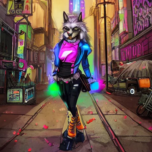 Image similar to beautiful commission digital art portrait commission of an androgynous furry anthro wolf wearing punk clothes in the streets of a cyberpunk city. neon signs. made by zaush, rick griffin, tessgarman, angiewolf, miles df, smileeeeeee, ethrk, fa, furraffinity