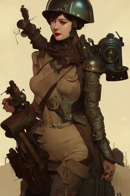 Image similar to dieselpunk soldier girl, helmet, shoulders, chest, portrait, armored, illustrations by wlop and alfons maria mucha and craig mullins and loish and rossdraws and artgerm