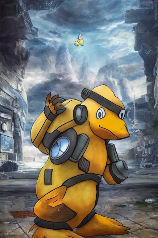 Prompt: psyduck pokemon playing as master chief, oil on canvas, intricate, 8 k highly professionally detailed, hdr, cgsociety