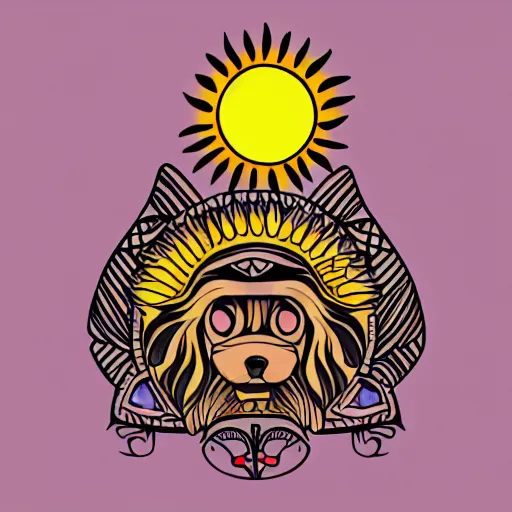 Image similar to tattoo sketch of a dog hugging the sun, on a canva, polynesian style, maori, ornament, lines, vector,