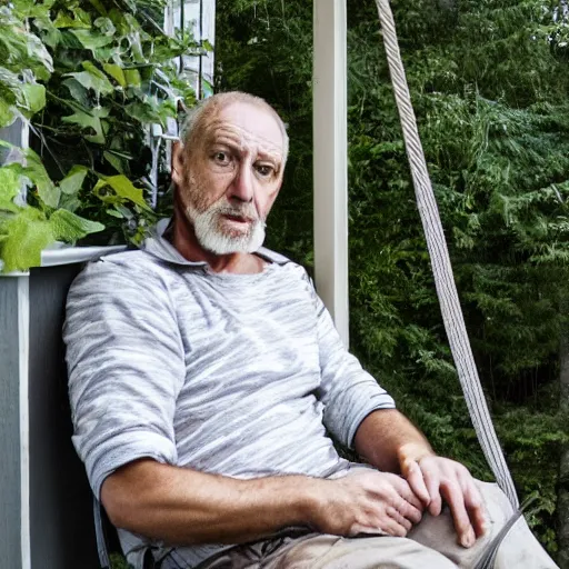 Image similar to a photograph of an ordinary man hanging out on his deck, looking scared to be