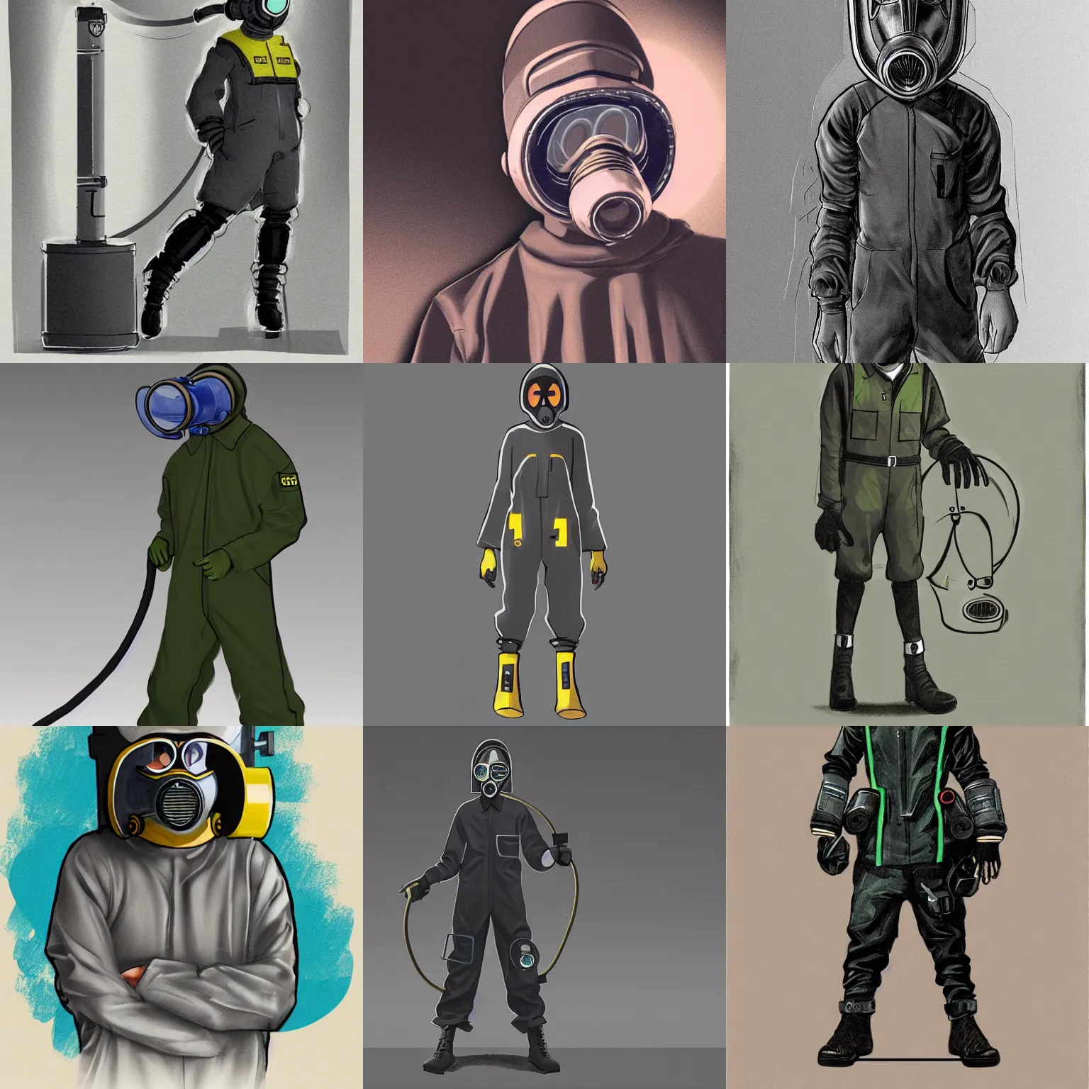 Prompt: teenager wearing a boiler suit and a futuristic gas mask, science fiction concept art