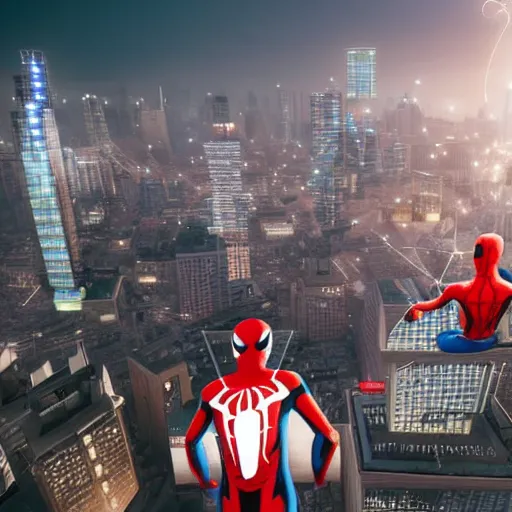 Prompt: tech - savvy city of the future, with spider - man flying in the sky