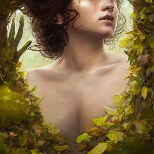 Prompt: emilia clark as a dryad, her skin are yellow leaves portrait, highly detailed, headshot, digital painting, trending on artstation, concept art, sharp focus, illustration, art by artgerm and greg rutkowski and magali villeneuve