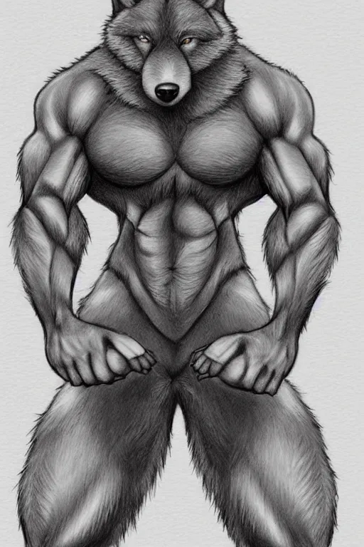 Prompt: master furry artist colored pencil drawing full body portrait character study of the anthro male anthropomorphic wolf fursona animal person wearing gym shorts bodybuilder at gym