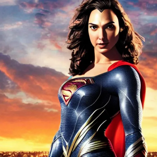 Image similar to an potrait of gal Gadot cast of movie man of steel and wearing a superman suit, photorealistic high detail, view from below, High Quality.