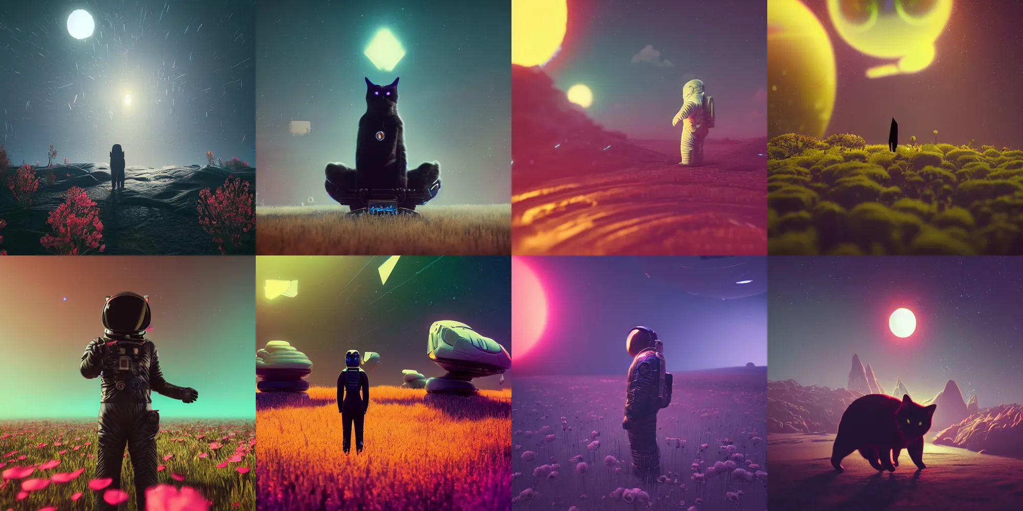 Prompt: beautiful dark landscape, black cat astronaut, beautiful flowers, in the style of beeple and mike winkelmann, intricate, epic lighting, cinematic composition, hyper realistic, 8 k resolution, unreal engine 5, raytracing, ultraviolet colors,