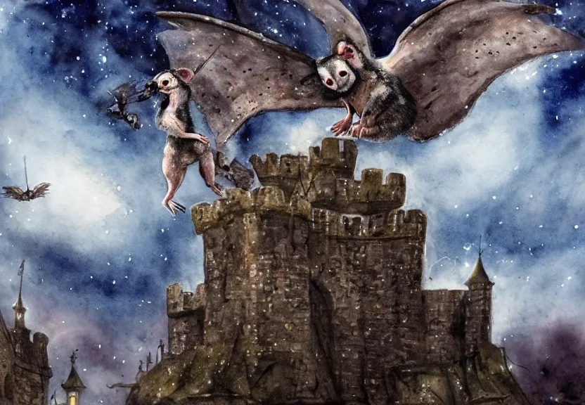 Image similar to Threatening winged possum flying over a medieval castle under a dark starred sky, dark fantasy, watercolor, dreaming illusion, highly detailed, 4k, trending on Artstation, award-winning