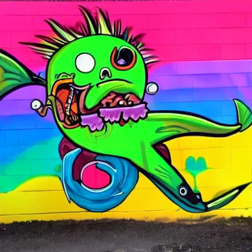 Prompt: epic colorful rainbow graffiti art of a cartoon zombie narwhal cooking bacon for a tattoo on the shoulder