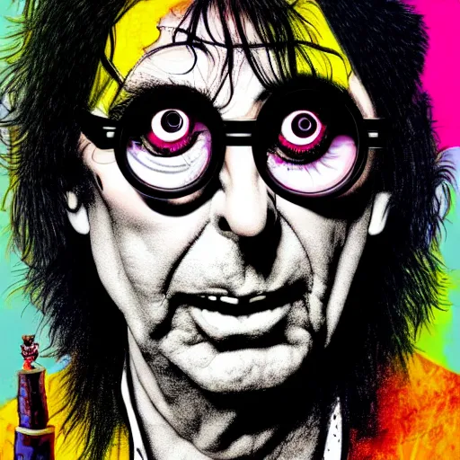 Image similar to graphic illustration, creative design, alice cooper as harry potter, biopunk, francis bacon, highly detailed, hunter s thompson, mixed media