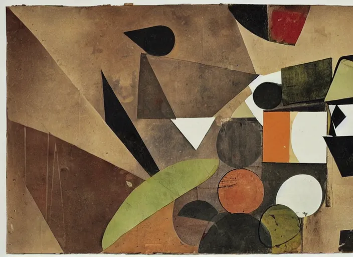 Prompt: an artwork by kurt schwitters, mix of geometric and organic shapes, both bright and earth colors, old photograph clippings