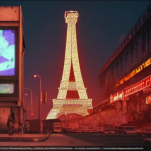 Image similar to A beautiful intricate 8K award-winning ground-level cinematic movie photograph of the future rusting remains of Eiffel Tower, surrounded by neon and collapsing corporate video billboard displays. in the year 2050, by Bruno Delbonnel and greg rutkowski. octane render, Arri Alexa 65. Cinematic lighting