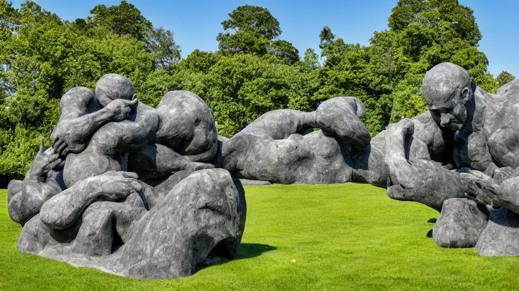 Prompt: a colossal impossible granite sculpture garden by michelangelo and henry moore and david cerny, on a green lawn, distant mountains, 8 k, dslr camera, whose mothers live between an easy life and a memory to be, award winning