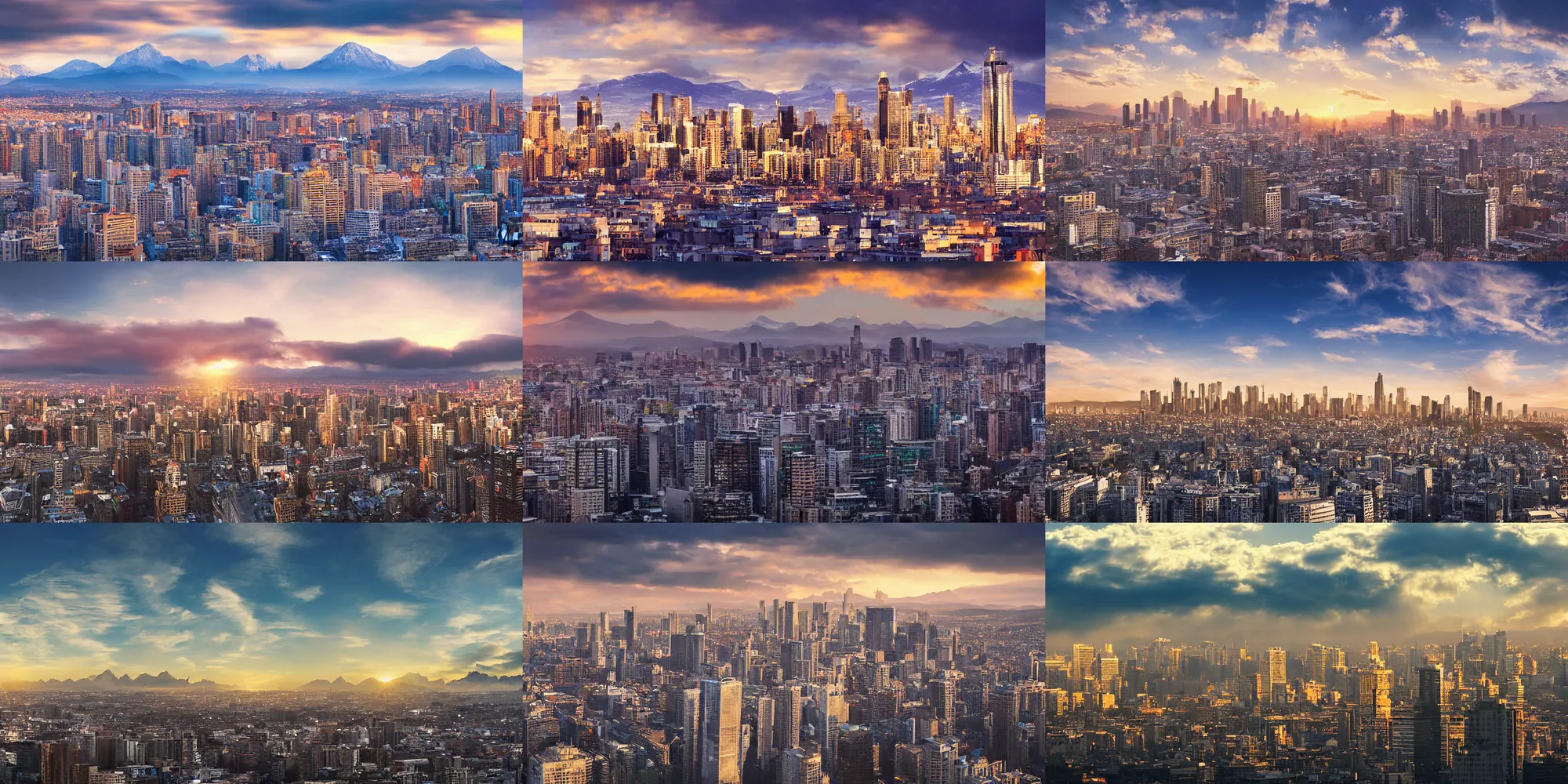 Prompt: City view, skyscraper skyline, photograph, photorealism, atmospheric light, clouds, snowcapped mountains in the background, sunset time