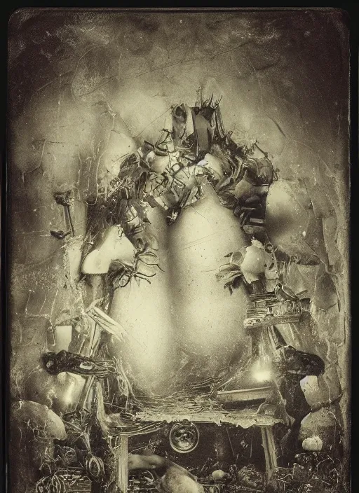 Image similar to old wetplate daguerreotype birth of and ending of time, fractal, intricate, elegant, highly detailed, parallax, leica, medium format, subsurface scattering, by jheronimus bosch and greg rutkowski and louis jacques mande daguerre