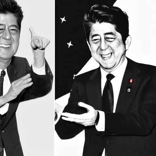 Prompt: shinzo abe and jfk pointing pistols at each other and laughing, photo style