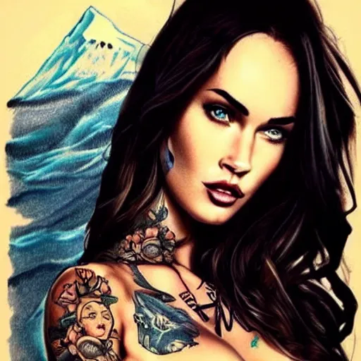 Image similar to tattoo design sketch of megan fox mash up effect with beautiful mountain scenery, in the style of matteo pasqualin, amazing detail