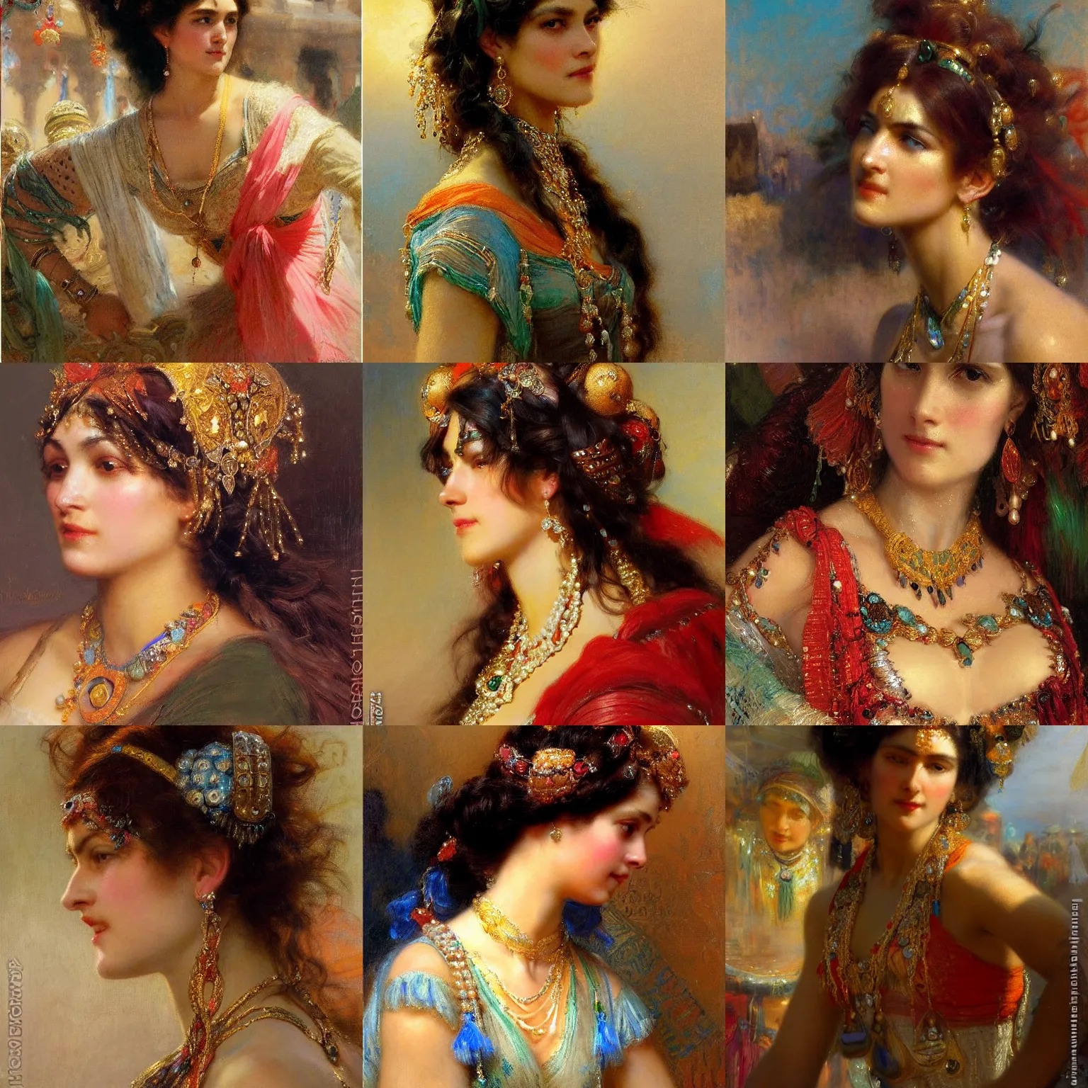 Prompt: orientalism woman wearing jewels in her hair standing in a market face detail by gaston bussiere and nikolay makovsky and theodore ralli and thomas lawrence, masterful intricate artwork, excellent lighting, high detail 8 k