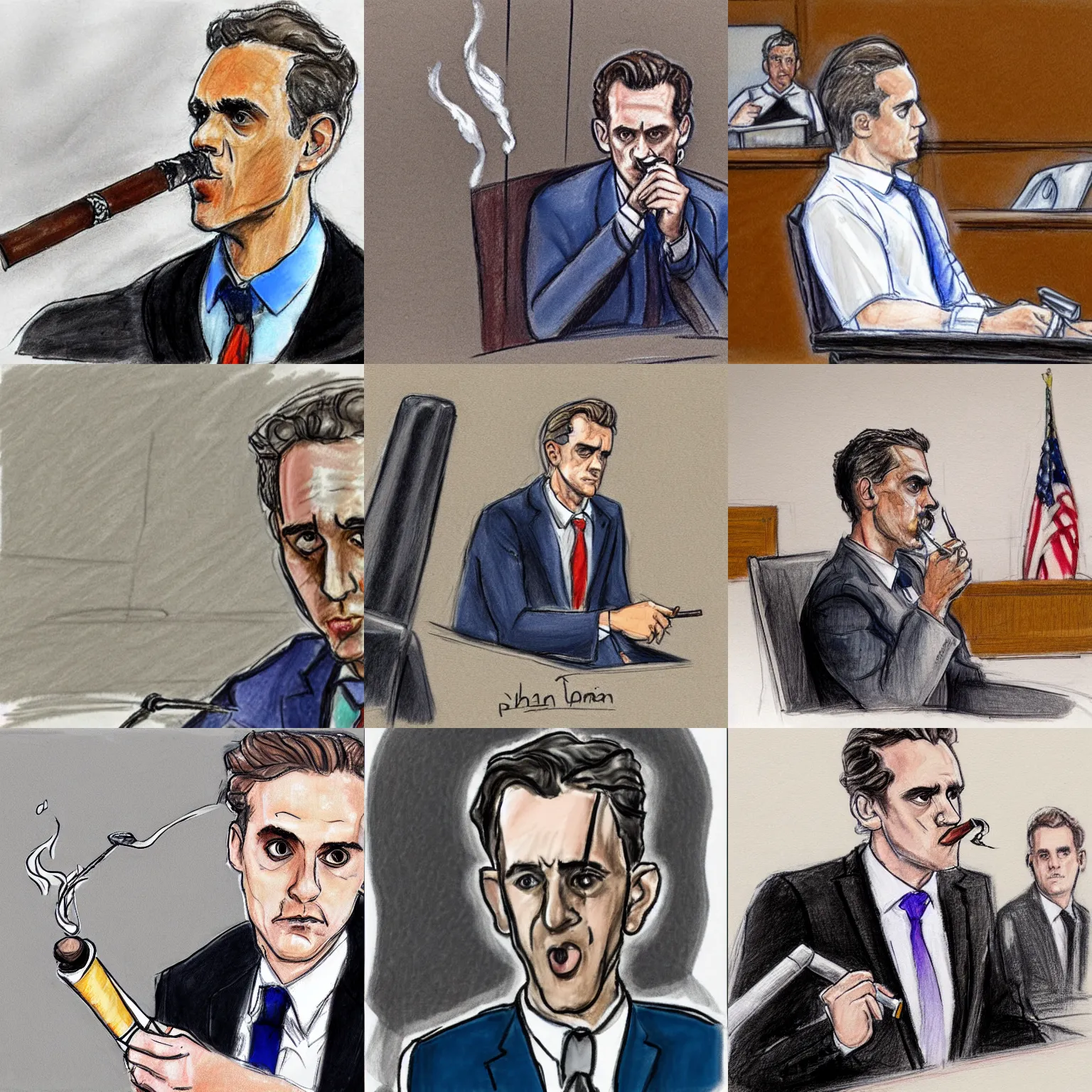 Prompt: courtroom sketch jordan peterson smoking a bong