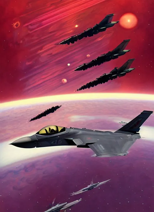 Image similar to poster artwork by michael whelan and tomer hanuka, a portrait, f 3 5 jets dogfighting in the clouds of jupiter, clean