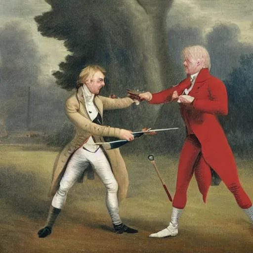 Image similar to Boris Johnson and Joe Biden in a duel, 1800s art