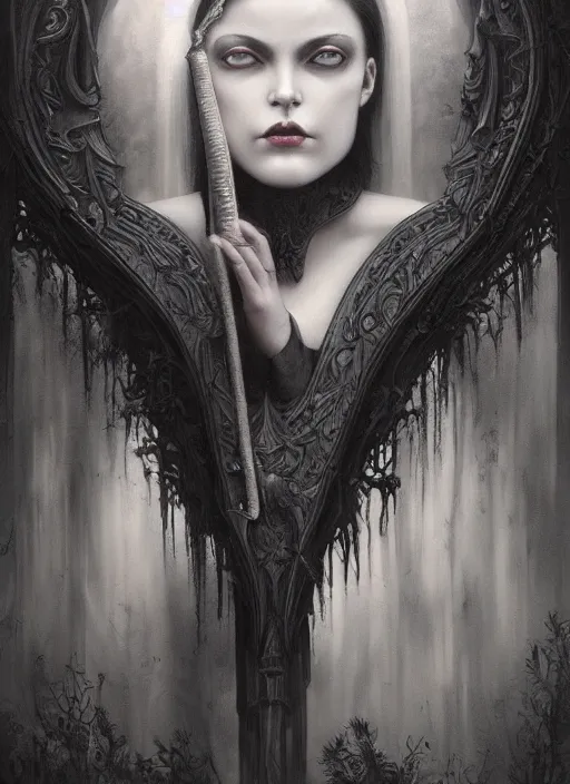 Image similar to By Tom Bagshaw, ultra realist soft painting of a gothic crypt by night, female vampire smile, horror, omnious sky, symmetry accurate features, very intricate details, black and white, volumetric light clouds