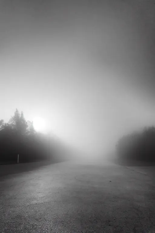 Image similar to empty parking lot, foggy, silhouettes of people floating in sky