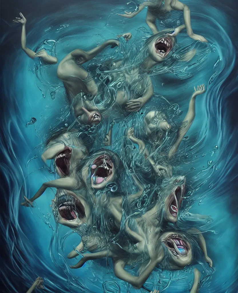 Image similar to wild emotional creatures repressed in the deep sea of unconscious of the psyche, about to rip through and escape in a revolution, painted by ronny khalil