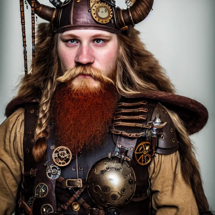 Prompt: full shot photograph of a real-life steampunk viking, Extremely detailed. 8k