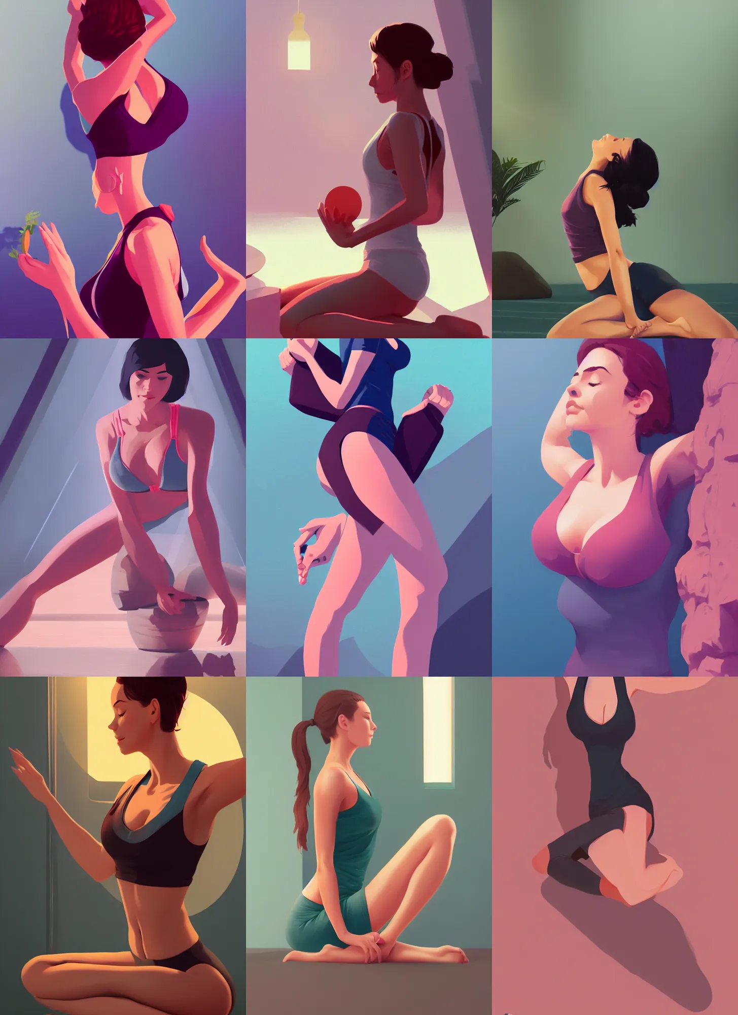 Prompt: very detailed photo of alluring yoga instructor, beautiful, pretty face, curvaceous, 4 k, cinematic lighting, highly detailed, sharp focus, artstation, masterpiece, art by atey ghailan