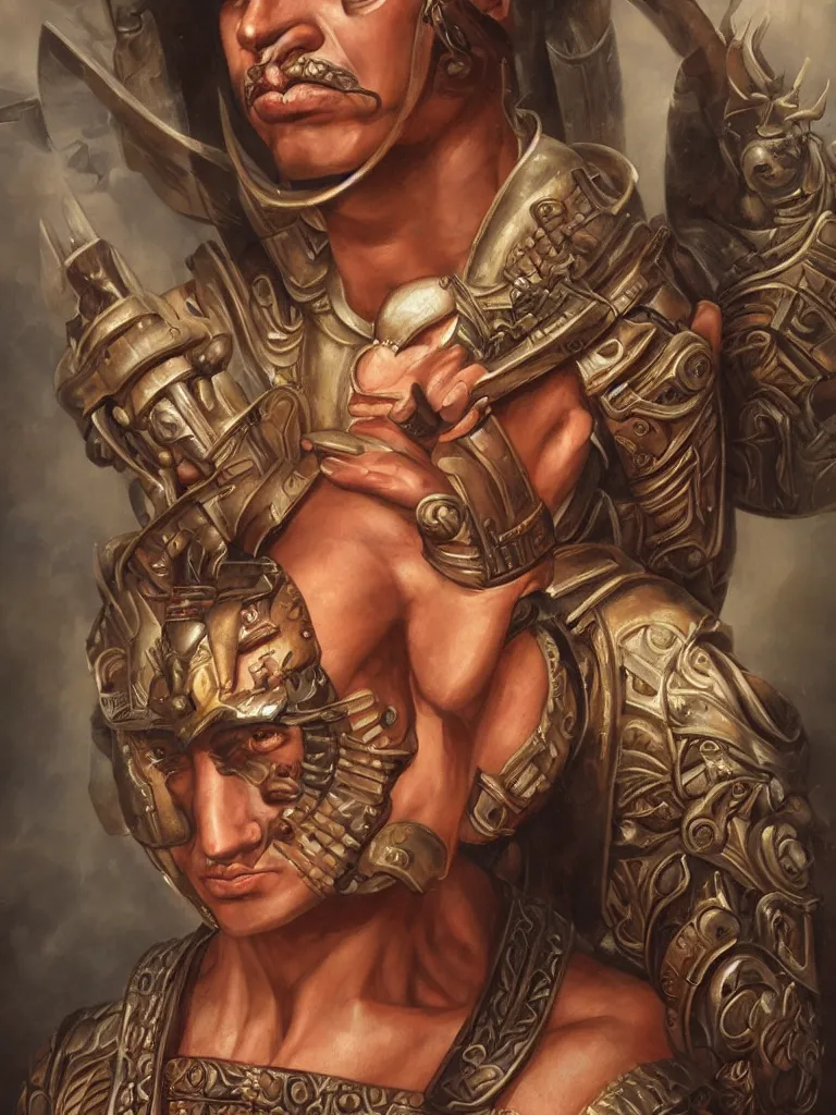 Prompt: Portrait of a Magical Aztec Warrior, by Tom Bagshaw and Manuel Sanjulian and Boris Vallejo, Hyperrealism