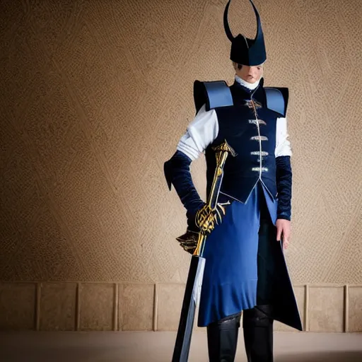 Image similar to low angle upper view of adult Austin Butler dressed in futuristic-baroque prussian blue duelist-garb with Griffin-Ram embroidery emblem, and nanocarbon-vest and greaves, standing in an arena in Dune 2020, XF IQ4, f/1.4, ISO 200, 1/160s, 8K, RAW, unedited, symmetrical balance, face in-frame