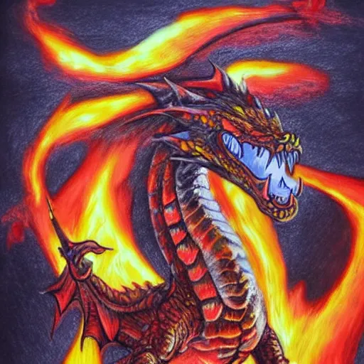 Image similar to firefighters against a fire - breathing dragon, pencil art, fire, colorful