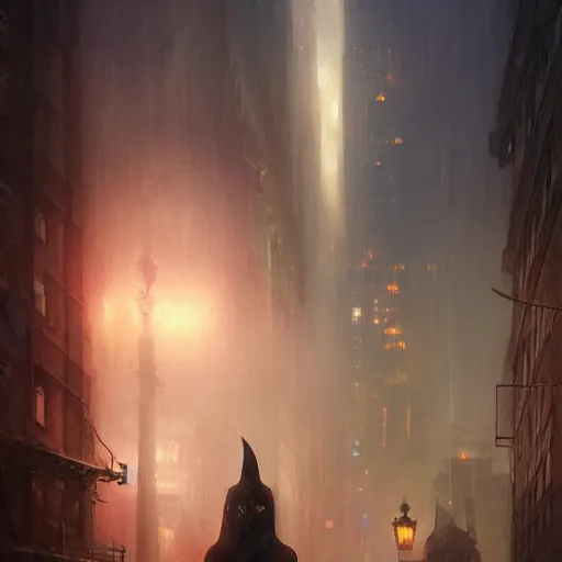 Prompt: nighttime in gotham city, light mist, fantasy, intricate, elegant, digital painting, trending on artstation, concept art, soft focus, illustration by greg rutkowski, Gaston Bussiere and artgerm, 4k.