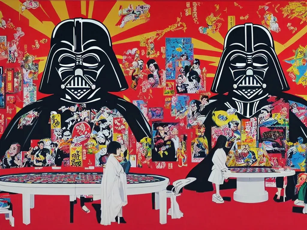 Image similar to hyper - realistic composition of a large room with an extremely detailed poker table in the center, woman in traditional japanese kimono standing nearby, darth vader sitting at the table, fireworks in the background, pop art style, jackie tsai style, andy warhol style, acrylic on canvas, dull palette