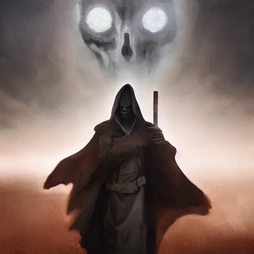 Image similar to menacing grim reaper portrait, showing a sand clock running out of time, mysterious atmospheric lighting, painted, intricate, volumetric lighting, beautiful, rich deep colours masterpiece, golden hour, sharp focus, ultra detailed, by leesha hannigan, ross tran, thierry doizon, kai carpenter, ignacio fernandez rios